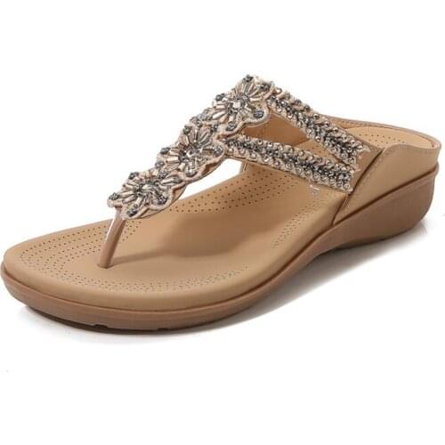 Womens Slippers Summer Shoes Vintage Flower rhinestones Ladies Flip Flops Female Sandals Casual Beach Shoes Large size qq905