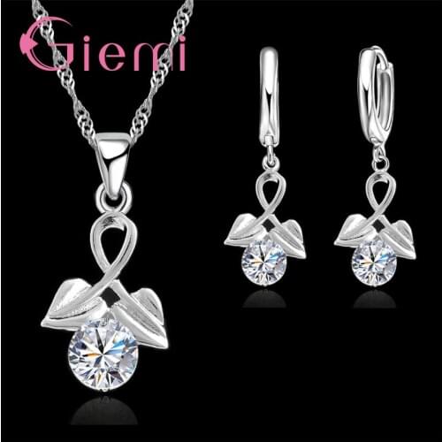 Trendy Solid 925 Sterling Silver Shinning Round Shape Design Cubic Zirconia Necklace Pendant Earrings Jewelry Sets For Women