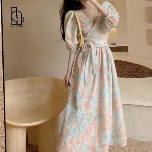 Japanese Vintage Floral Dress Women V-Neck Sexy Designer Elegant Casual Holiday Midi Dress Summer Puff Sleeve Sweet Dress 2021