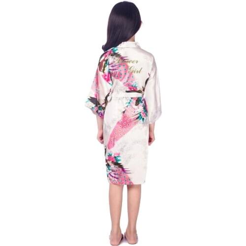 2021 Flower Girl Gold Letter Satin Kimono Robes Wedding Bridesmaid Girls Bathrobes Peacock Nightgown Sleepwear Girls Robes B87