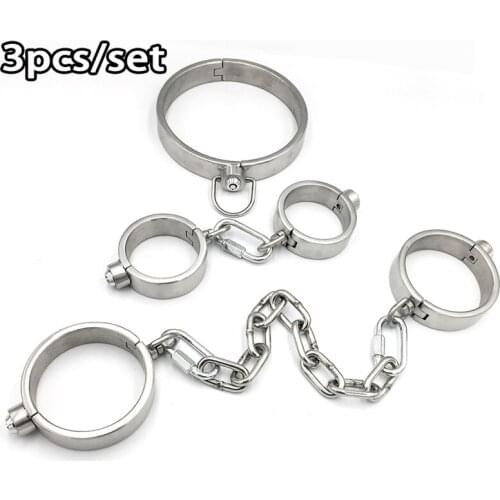 3pcs/Set Stainless Steel BDSM Bondage Handcuffs Slave Collar Ankle Cuffs Adult Games Sex Toys For Couple Torture Restraints