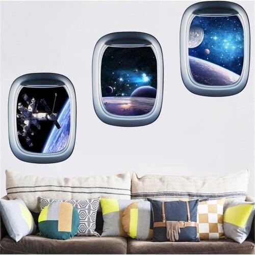 3D Starry Sky Spaceship Fake Window Wall Sticker For Boys Room Decoration Wallpaper Home Decor Painting Self-adhesive DIY Murals