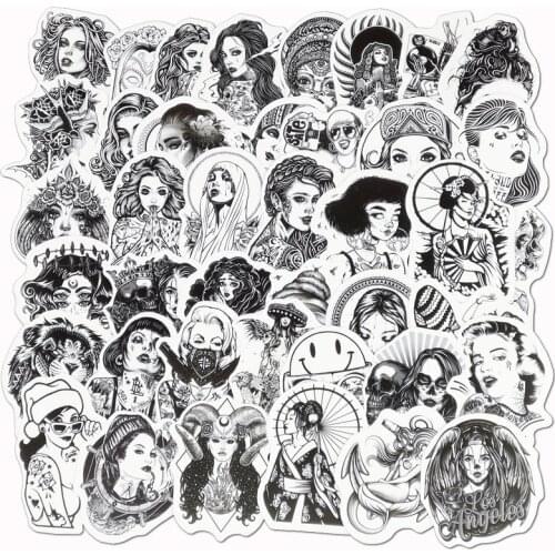 50Pcs/Lot Sexy Beauty Tattoo Girls Stickers Black White Decal For Laptop Motorcycle Skateboard Luggage Styling Decal Toy Sticker