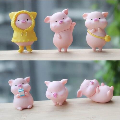 6pcs/set Miniature Pig Figurines Cute Animal Statues Set Diy Micro Landscapes Home Decrotaitons