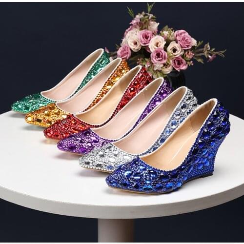 BaoYaFang Pointed Toe High Heels Crystal Wedding shoes Bride Ladies women party dress Pumps Female Shallow Wedges Woman