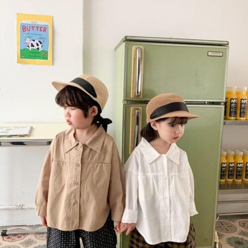 Boys White Shirts Girls Lapel Shirts 2021 Spring New Children Korean Style Solid Loose Tee Shirts for Girls Baby Casual Blouse