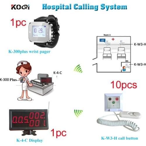 Wireless nurse call system of 1 call display 1 wrist watch for nurse or doctor and 10 emergency call button