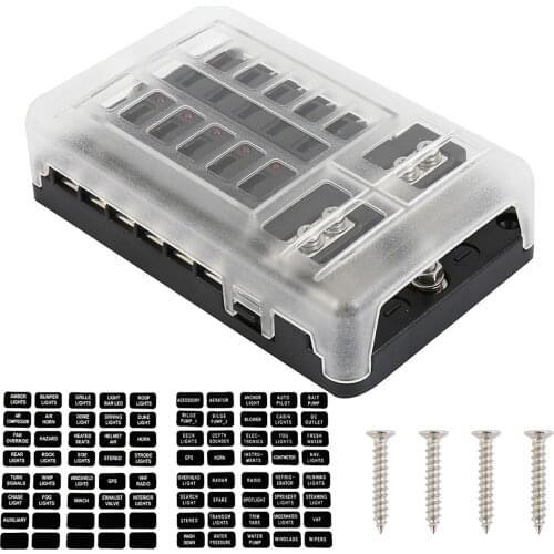 12-way Fuse Box With LED Lights Universal DC 12-32V Truck Coach Boat Bus Bar Power Distribution Block Double Busbars