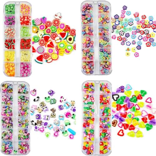 12 Grids Soft Polymer Clay Mini Flower Fruit Animals Hear Resin Fillings Glitter Epoxy DIY Resin Jewelry Fillers Craft