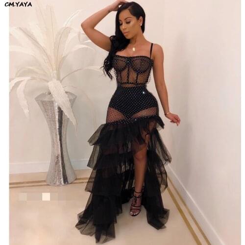 2019 women new sexy party high side split cascading ruffles mesh see though maxi dress club night sleeveless dresses LD8324