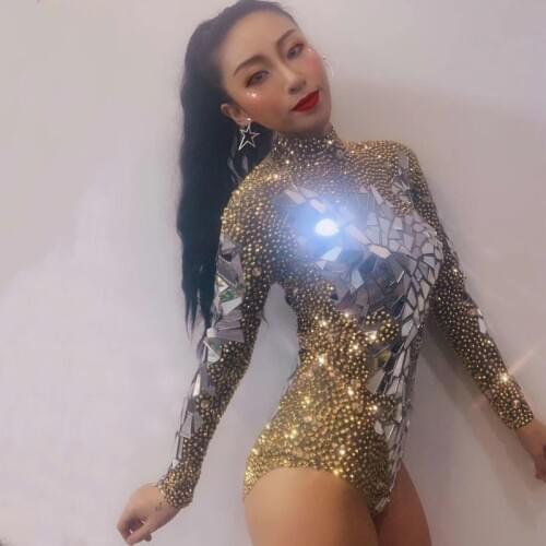 Sexy Mirror Dress For Women Rhinestone Dress Sparkly Jumpsuit For Stage Costume Party Gogo Dance DS Bar Dj Dancer Wear BL012