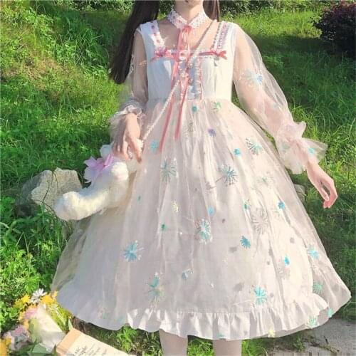 Princess Japanese Soft Sweet Mori Girl Lovely Student Light Mesh Flower Floral Lolita Jsk Dress For Women Cosplay Chiffon Summer