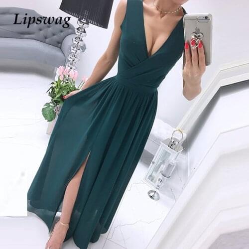 Summer Casual Solid Drape Party Dress Elegant Slim Crossover V Neck Split Long Dress Sexy Women Sleeveless Maxi Dress Vestidos