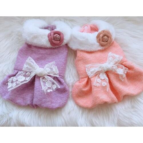 Luxury Girl Dog Dress Coat Winter Purple Pink Pet Clothes Fur Collar With Rose Lace Bowknot Sleeveless Vest Coat For Small Dogs