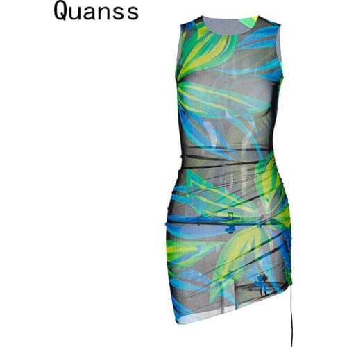 Quanss Mesh See Through Sexy Dress Women 2021 New Summer Night Club Beach Print Dress Female Bodycon Draw String Mini Dress