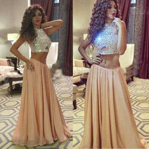 Halter Crystal Beaded Prom Gown Sexy Two Pieces Set Champagne Chiffon A-line Party Dress for Wedding