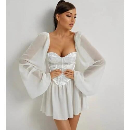 Chiffon Dress Women Sexy Bodycon Female Lantern Sleeve Corset Dress Beach Vacation Outfit Sexy Party Dresses Womens White Dress