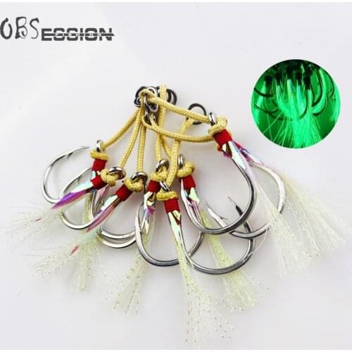 High Carbon Steel Luminous Assist Single/Double Hook 1/0 2/0 3/0 5/0 7/0 Glow Saltwater Fishing Slow Jigging Assist Hook Feather
