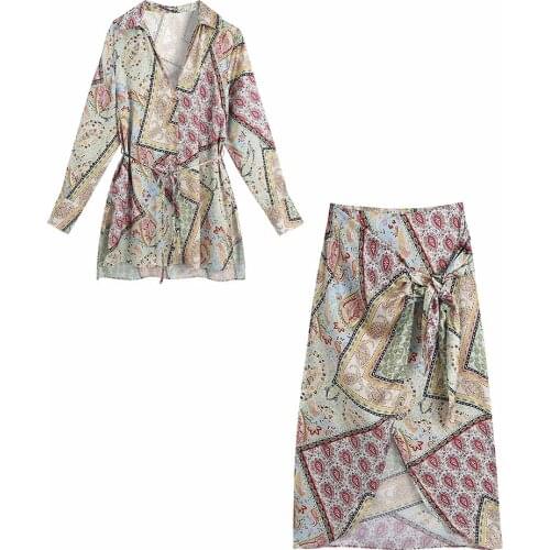 Xikom 2021 Two Pieces Set Women Boho Print Vintage Woven V Neck Belt Single Breasted Slim Shirt Female Beach Skirt Suit