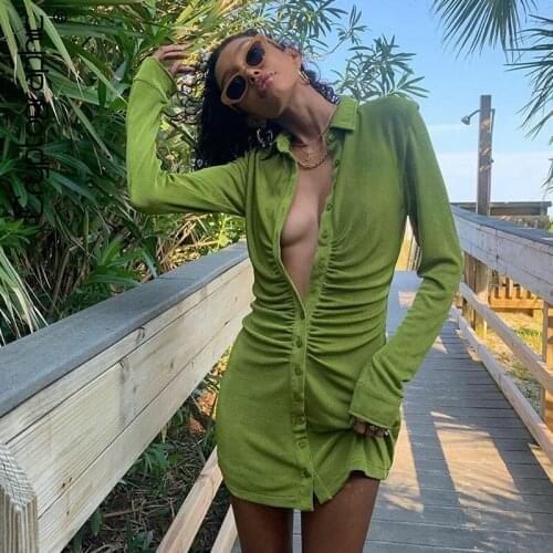 Turn-Down Collar Green Women Shirt Dresses Club Party Long Sleeve Button Mini Dress Holiday 2021 Spring Streetwear