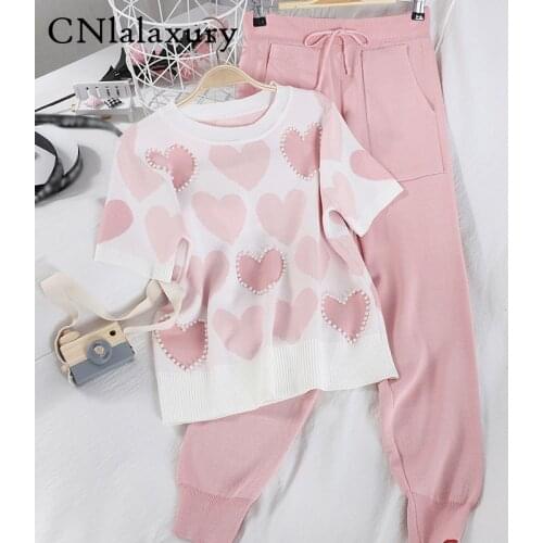 Tracksuit 2 Piece Sets Womens Knit Outfits Love Heart Short Sleeve O-neck Tops+ Harem Pants Suit 2020 New clothes ensemble femme
