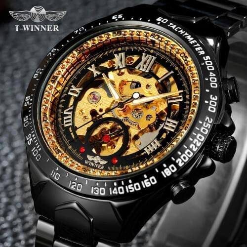 Winner Classic Series Golden Movement Steel Mens Skeleton Man Wrist Watch Mechanical Top Brand Luxury Fashion Automatic Watches
