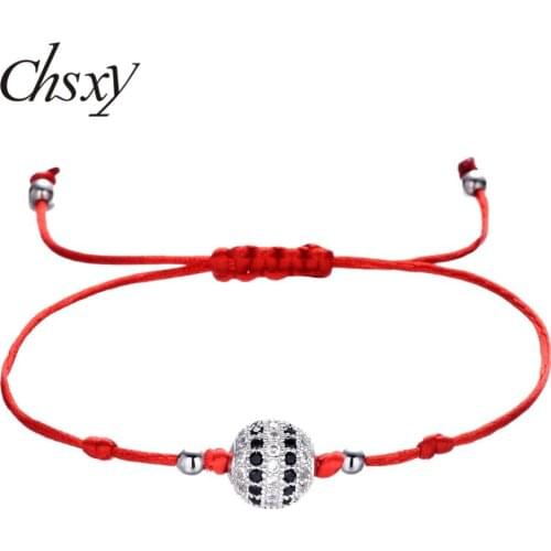 CHSXY Delicate 10mm Cubic Zircon Ball Bead Red String Bracelet Hand-woven Lucky Wish Bracelets & Bangles for Women Men Pulseras