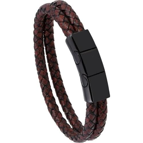 Double layer brown leather Braided bracelets for men punk Stainless steel buckle sport accessories bijoux homme erkek bileklik