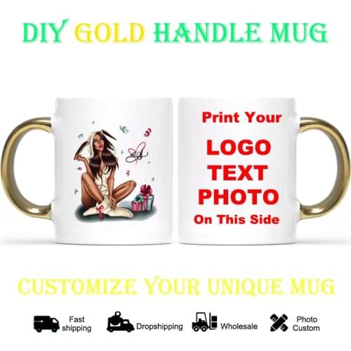 Ceramic Gold handle mug Gift Box Girl DIY photo Coffee mugs cup with customized pictures DIY images print cups KTDZ-RW-004-JB