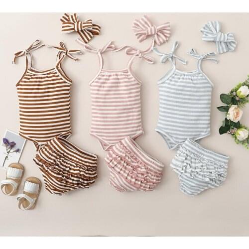 0-18M Newborn Baby Girl Clothes Sets Striped Print Sleeveless Strap Romper Tops Ruffles Shorts Headband 3PCS