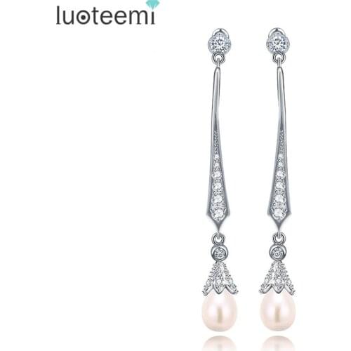 LUOTEEMI New Fashion Statement Ear Jewelry Brincos Shining CZ Simulated Pearl Pendant Long Drop Earrings For Women Summer Style