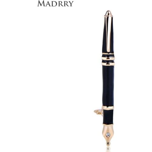 Madrry New Classic Vivid Black Pen Shape Stationery Brooches Enamel Crystal Jewelry For Children Coat Sweater Corsage Ornaments