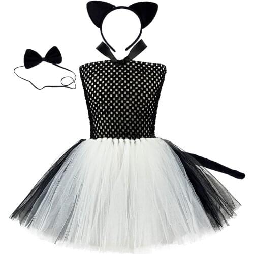 Cute Black White Cat Tutu Dress Girls Kids Halloween Cat Costume Set 1-12 Years Child Birthday Party Clothes Carnival Purim Gift