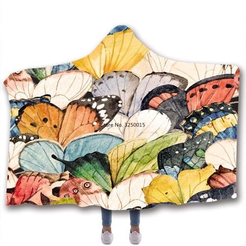 Butterfly Insect Printed Soft Blanket Warm Wool Velvet Hoodie Blanket Home Sofa Camping Cloth Harajuku Hooded Blanket Wholesale