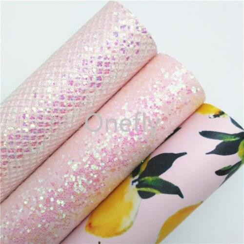 Onefly 21X29CM Pink Glitter Leather, Lemond Printed Synthetic Leather Fabric Sheets for Bow DIY Handbags Shoes BQ035