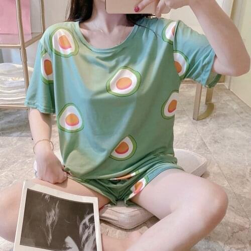 2020 Cartoon Print Summer Pajamas For Women Kawaii Sleepwear Set Suit Nightwear Loose Tops TShirts and Shorts Girls Pjs Homewear