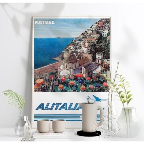 Alitalia Airlines Positano Prints Poster, World Travel Scenery Canvas Painting, Vintage Coast City Wall Stickers Home Decor Gift