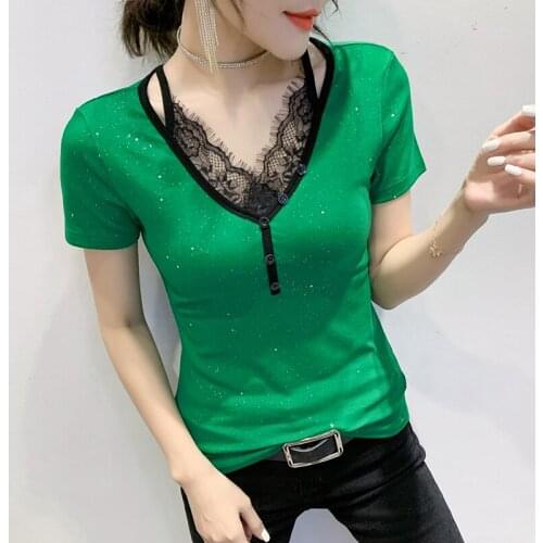 Summer Casual T-shirt Lace stitching hollow Short sleeve V-neck Top 2021 Women T Shirt Plus Size