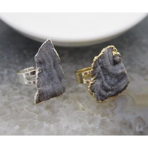 Natural Geode Agates Adjustable Druzy Quartz Golded/Silvery Copper Rings,Rock Agates Drusy Women Finger Ring Healing Jewelry