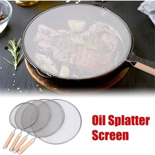 21cm/25cm/29cm/33cm Stainless Steel Splatter Screen Mesh Pot Cover Silver Oil Frying Pan Lid With Wooden Handle Cooking Tools