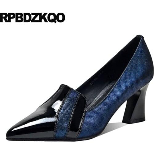 Genuine Leather Pointed Toe Multi Colored High Heels 3 Inch Evening Pumps Block Patent Modern Fashion Shoes 2021 Luxury Women