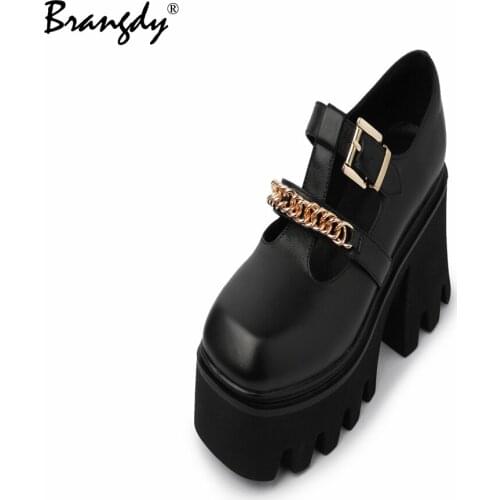 Brangdy Fashion Women Shoes Belly Button Genuine Leather Women Mary Jane Shoes Chunky Platform Round Toe Ladies Shoes Size 34-40