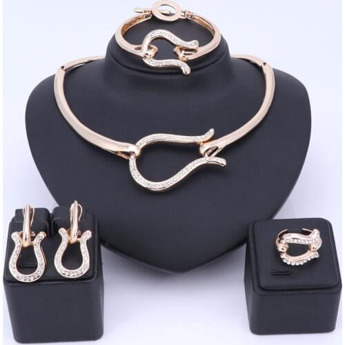 Gold Color Bridal Jewelry Sets For Wedding Rhinestone Choker Necklaces Earrings Ring Bracelet Dubai Jewelry Accessories Gift