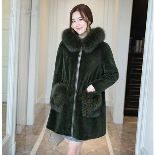 Fur Womens Coat 2020 Natural Fur Coats Winter Real Wool Jackets With Fox Fur Collar Hooded Warm Female Jacket WYQ997 s