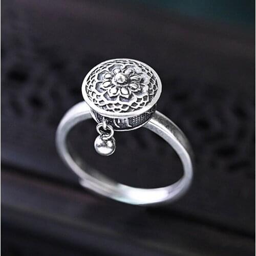New S925 Sterling Silver Religious Retro Small Bead Charm Temperament Opening Adjustable Couple Ring