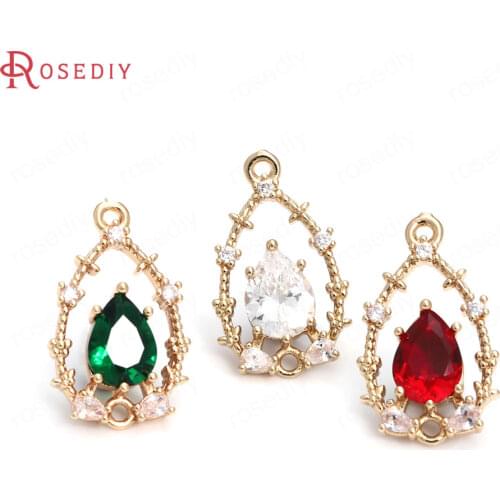 6PCS 12x20MM 24K Champagne Gold Color Brass Zircon 2 Holes Drop Shape Connect Charms Pendants Jewelry Making Supplies Findings