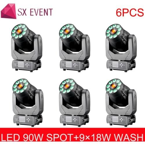 6pcs/lot LED 90W spot moving head light RGBWA 6IN1 LED Spot Washer 1x90W and 9x18W LED Moving Head Light