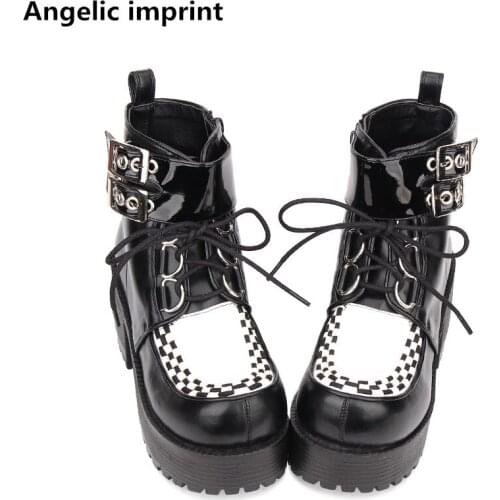 Angelic imprint new mori girl Women motorcycle punk ankle boots lady lolita shoes woman high heels cool pumps lace up 8cm 35-40