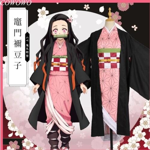 Anime! Demon Slayer:Kimetsu no Yaiba Kamado Nezuko Kimono Lovely Uniform Cosplay Costume Halloween Outfit 2019 New Free Shipping