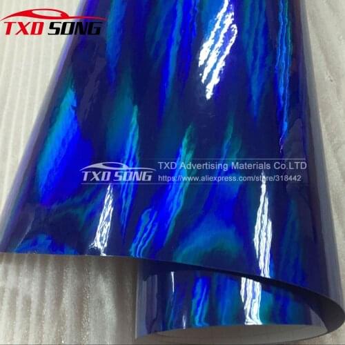 Free shipping Premium Quality Blue Holographic rainbow vinyl with air free bubbles Chrome holographic sticker for car decoration